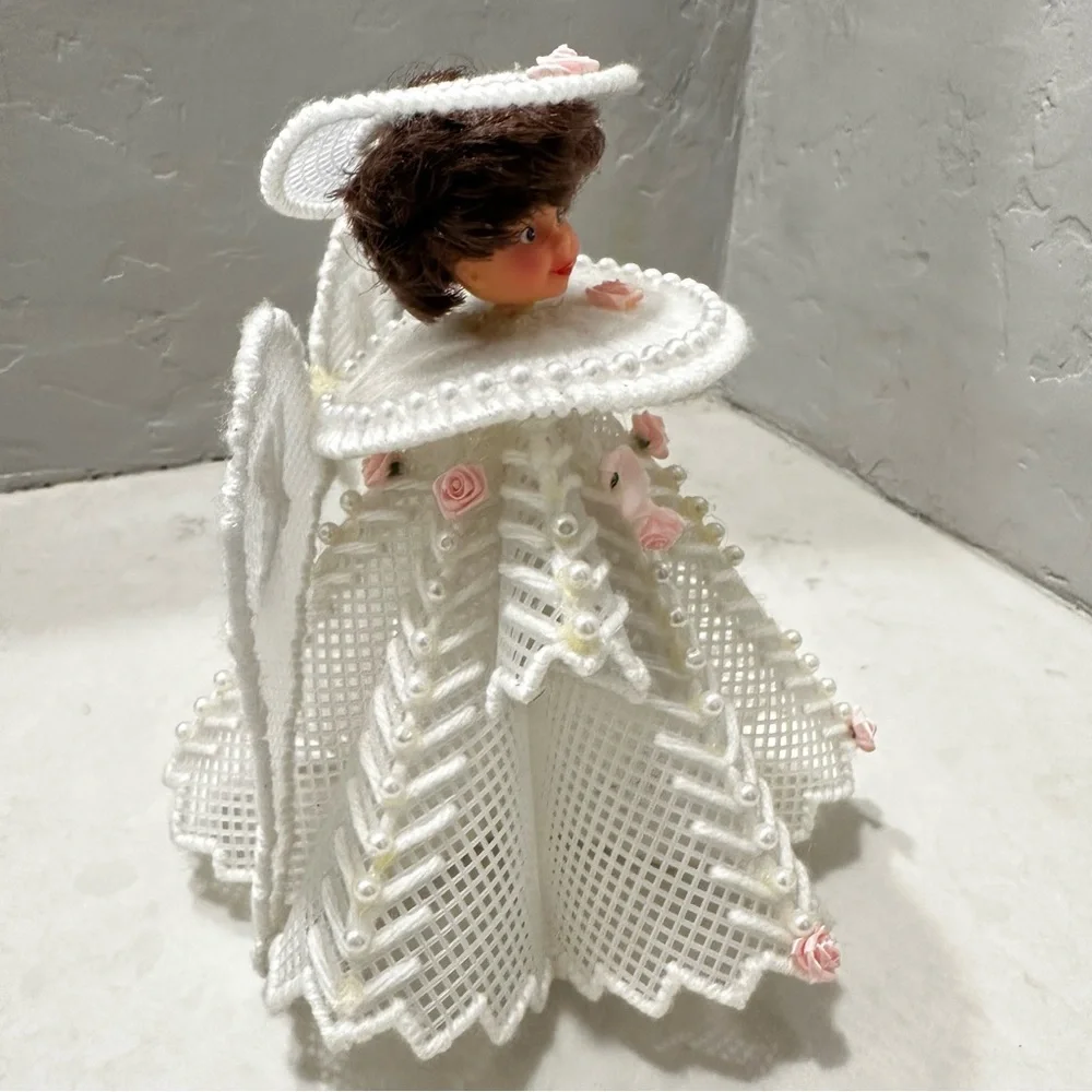 Vintage Handmade Canvas Yarn Angel Christmas Tree Pearl Pink Roses 1970s
